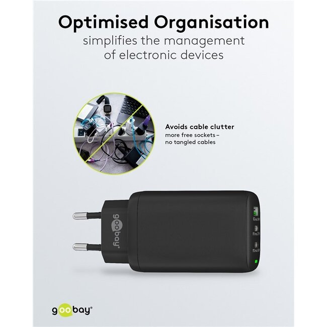 Goobay thuislader met 2x USB-C PD en 1x USB-A QC | GaN | 65W | zwart