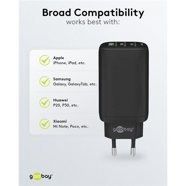 Goobay thuislader met 2x USB-C PD en 1x USB-A QC | GaN | 65W | zwart