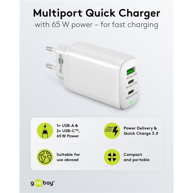 Goobay thuislader met 2x USB-C PD en 1x USB-A QC | GaN | 65W | wit