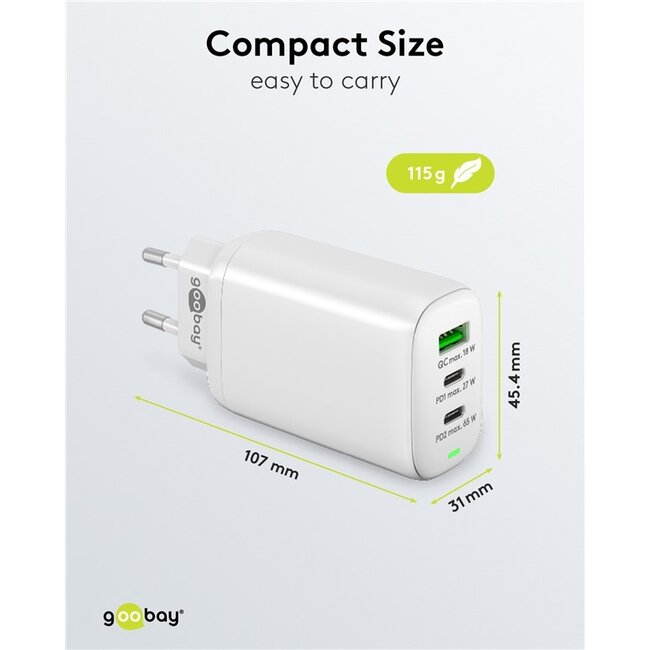 Goobay thuislader met 2x USB-C PD en 1x USB-A QC | GaN | 65W | wit
