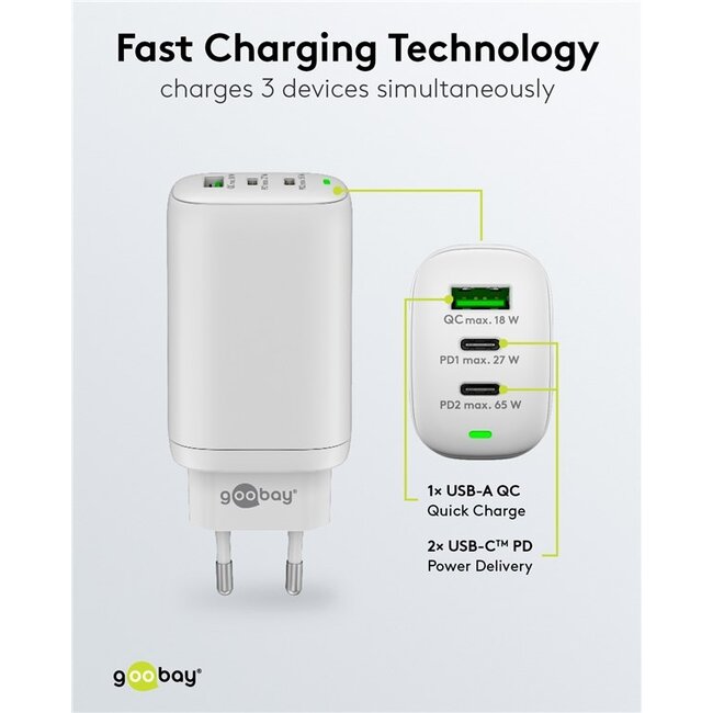 Goobay thuislader met 2x USB-C PD en 1x USB-A QC | GaN | 65W | wit