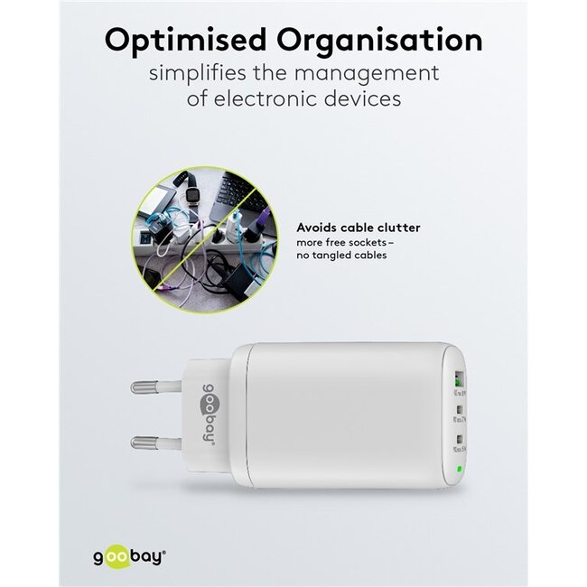 Goobay thuislader met 2x USB-C PD en 1x USB-A QC | GaN | 65W | wit