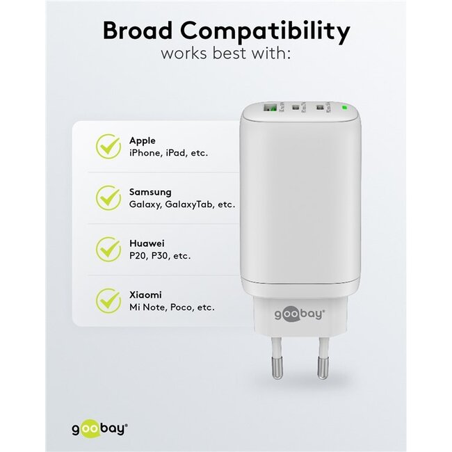 Goobay thuislader met 2x USB-C PD en 1x USB-A QC | GaN | 65W | wit