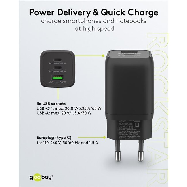 Goobay nano thuislader met 2x USB-C PD en 1x USB-A QC | GaN | 65W | zwart