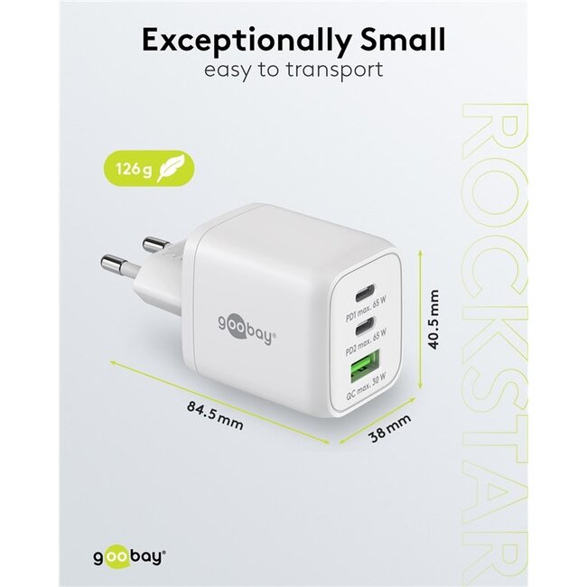 Goobay nano thuislader met 2x USB-C PD en 1x USB-A QC | GaN | 65W | wit