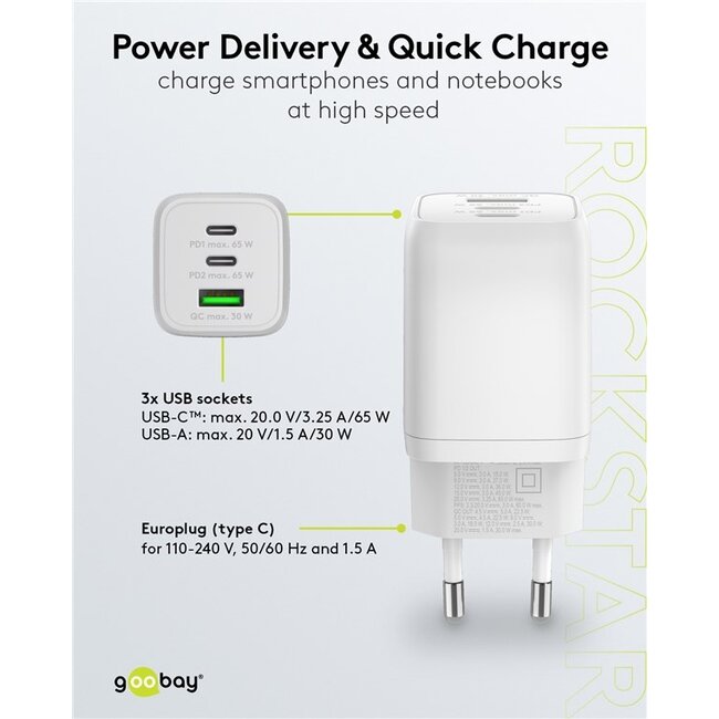 Goobay nano thuislader met 2x USB-C PD en 1x USB-A QC | GaN | 65W | wit