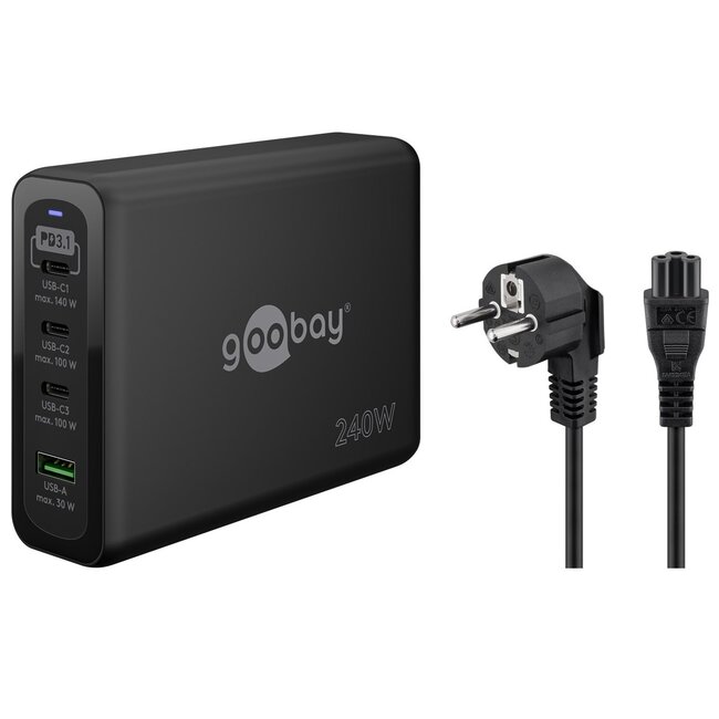 Goobay thuislader met 3x USB-C PD en 1x USB-A QC | GaN | 240W | zwart