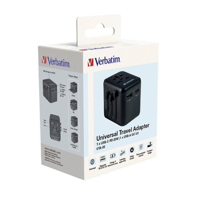 Verbatim UTA-02 universele reisadapter | 1x USB-A + 1x USB-C | 20W