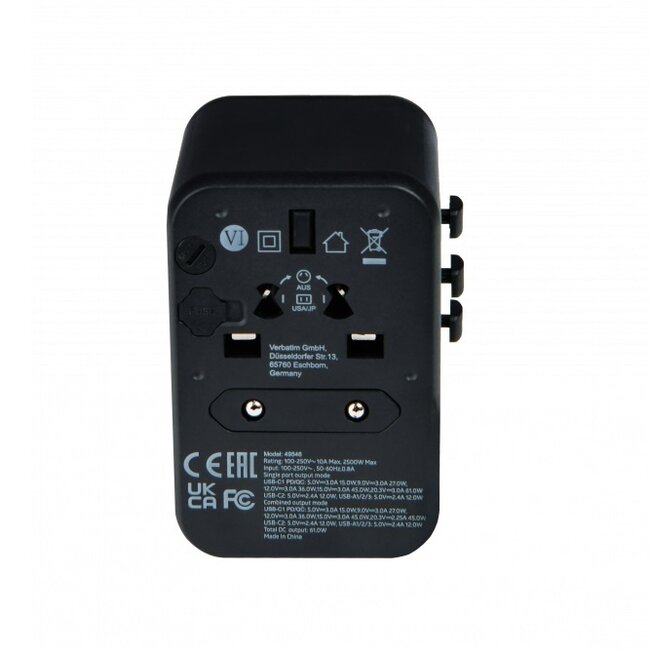 Verbatim UTA-04 universele reisadapter | 3x USB-A + 2x USB-C | 61W