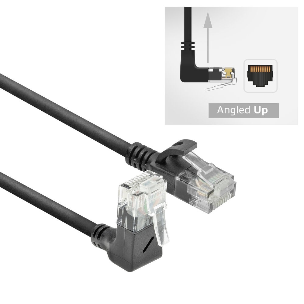 ACT Zwarte 0,5 meter U/UTP CAT6A LSZH slimline patchkabel met RJ45 connectoren, recht naar 90° haaks boven DC4900