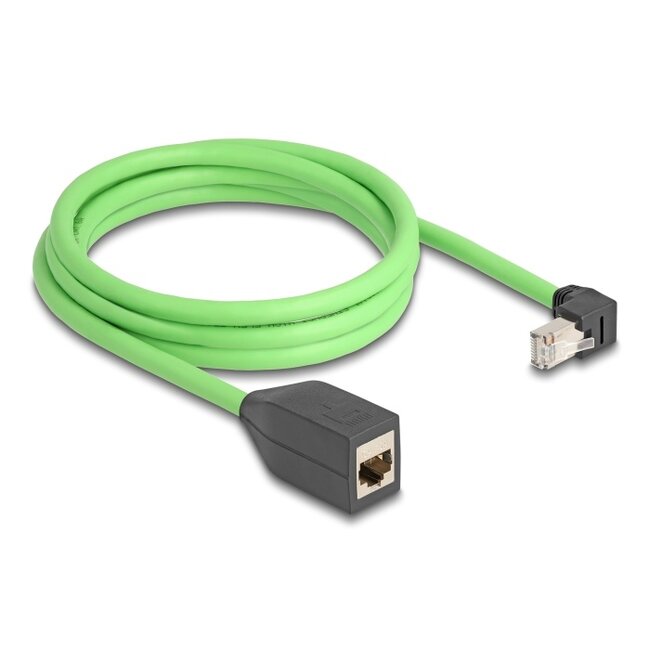 Delock RJ45 Network Extension Cable Cat.6A plug downwards angled to jack SF/UTP suitable for drag chains PUR (TPU) 2 m green