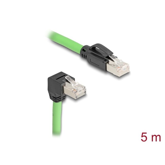 Delock RJ45 Network Cable Cat.6A plug to plug downwards angled SF/UTP suitable for drag chains PUR (TPU) 5 m green