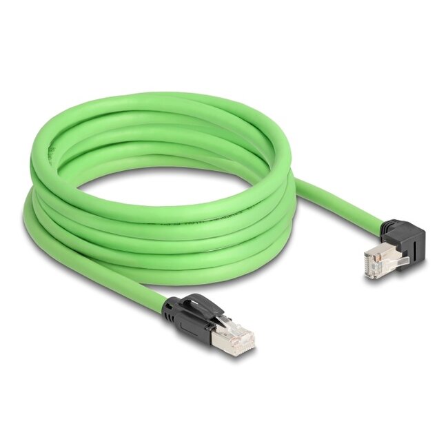 Delock RJ45 Network Cable Cat.6A plug to plug downwards angled SF/UTP suitable for drag chains PUR (TPU) 5 m green