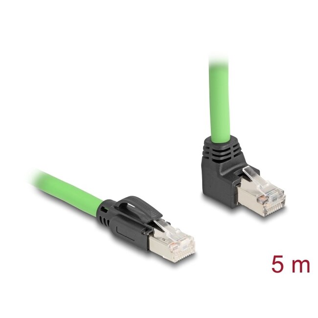 Delock RJ45 Network Cable Cat.6A plug to plug upwards angled SF/UTP suitable for drag chains PUR (TPU) 5 m green