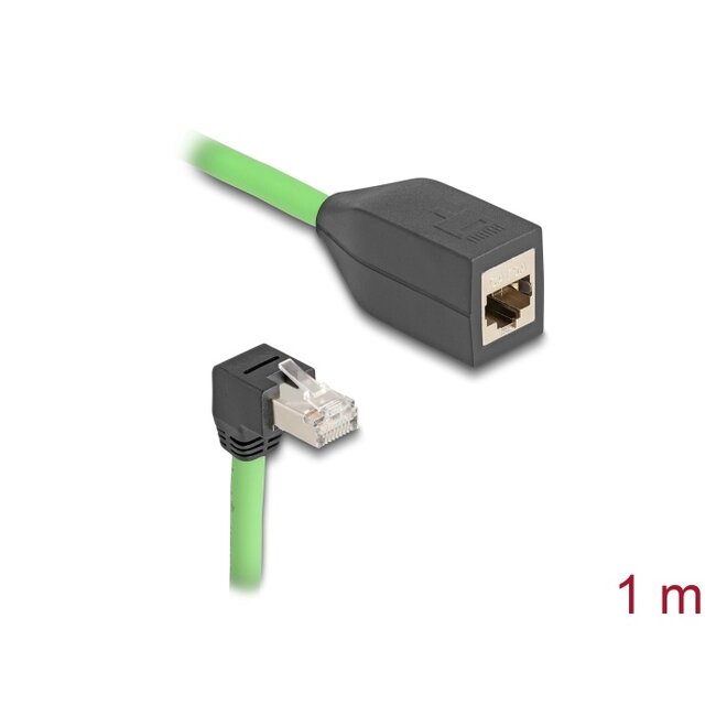 Delock RJ45 Network Extension Cable Cat.6A plug downwards angled to jack SF/UTP suitable for drag chains PUR (TPU) 1 m green