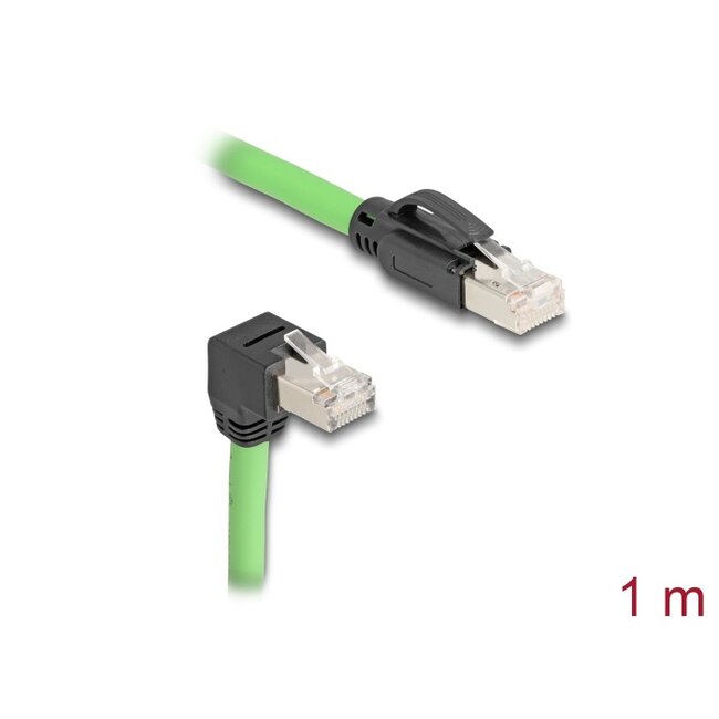 Delock RJ45 Network Cable Cat.6A plug to plug downwards angled SF/UTP suitable for drag chains PUR (TPU) 1 m green