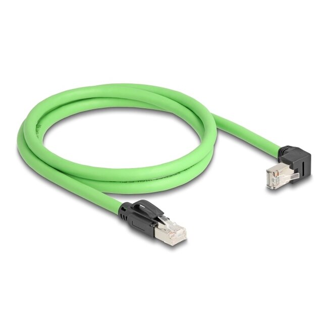 Delock RJ45 Network Cable Cat.6A plug to plug downwards angled SF/UTP suitable for drag chains PUR (TPU) 1 m green