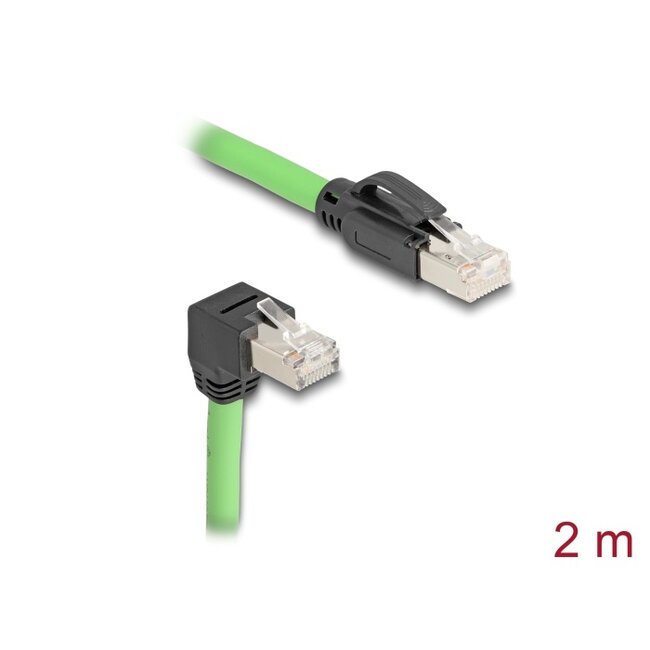 Delock RJ45 Network Cable Cat.6A plug to plug downwards angled SF/UTP suitable for drag chains PUR (TPU) 2 m green