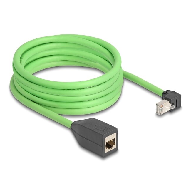 Delock RJ45 Network Extension Cable Cat.6A plug downwards angled to jack SF/UTP suitable for drag chains PUR (TPU) 5 m green