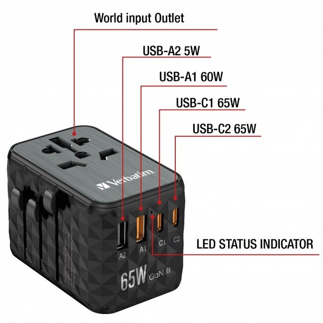 Verbatim UTA-05 universele reisadapter | 2x USB-A + 2x USB-C | 65W | GaN