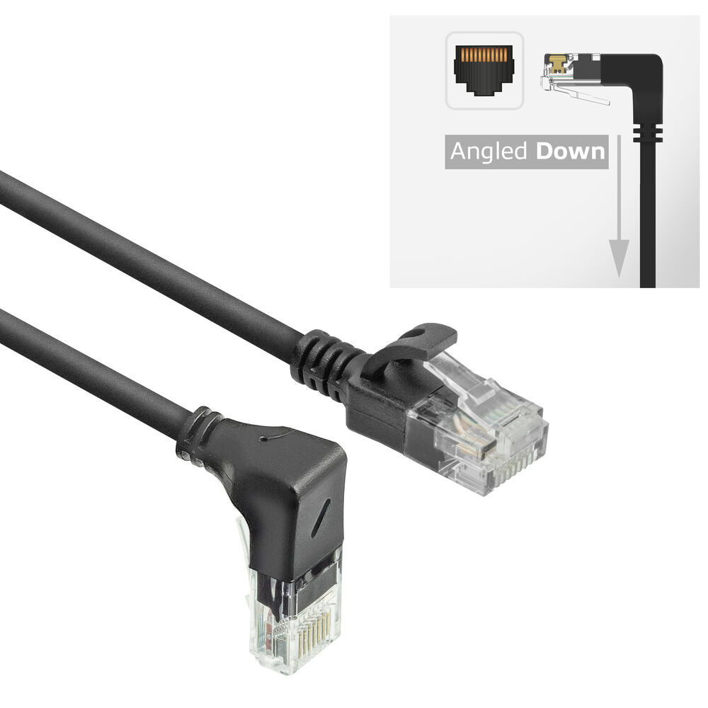 ACT Zwarte 1,5 meter U/UTP CAT6A LSZH slimline patchkabel met RJ45 connectoren, recht naar 90° haaks beneden DC3951