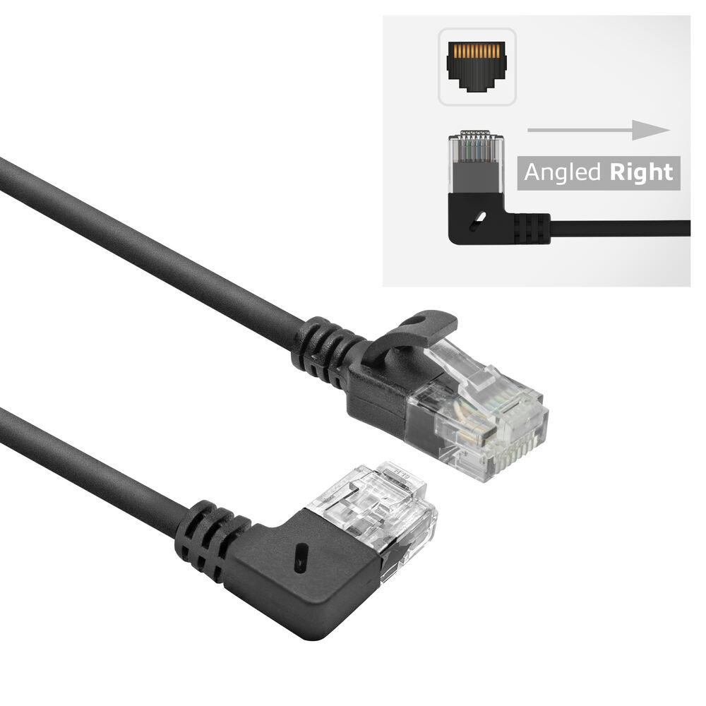 ACT Zwarte 2 meter U/UTP CAT6A LSZH slimline patchkabel met RJ45 connectoren, recht naar 90° haaks rechts DC2902