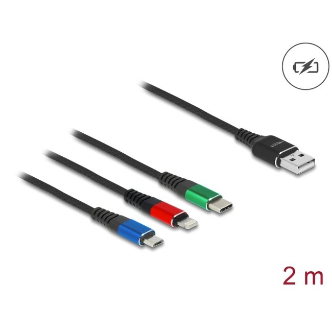 Delock USB Charging Cable 3 in 1 Type-A to Lightning™ / Micro USB / USB Type-C™ 2 m 3-coloured