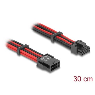 DeLOCK Delock Extension Cable 8 pin male to 6 + 2 pin PCIe female textile shielding red-black 30 cm