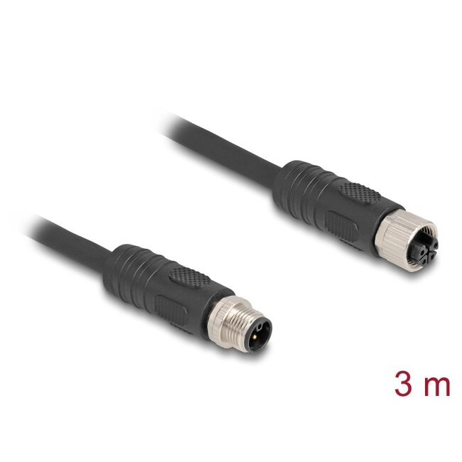 Delock M12 Cable L-coded 4 pin male to female PUR suitable for drag chains 3 m black
