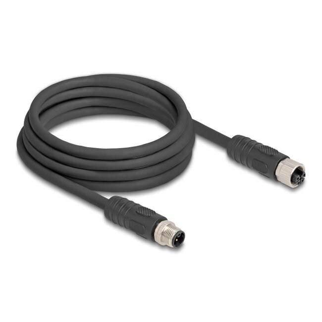 Delock M12 Cable L-coded 4 pin male to female PUR suitable for drag chains 3 m black