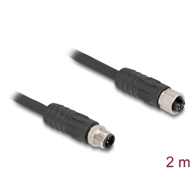 Delock M12 Cable L-coded 4 pin male to female PUR suitable for drag chains 2 m black