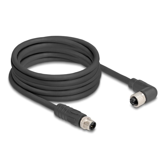 Delock M12 Cable L-coded 4 pin male straight to female right angled PUR suitable for drag chains 5 m black