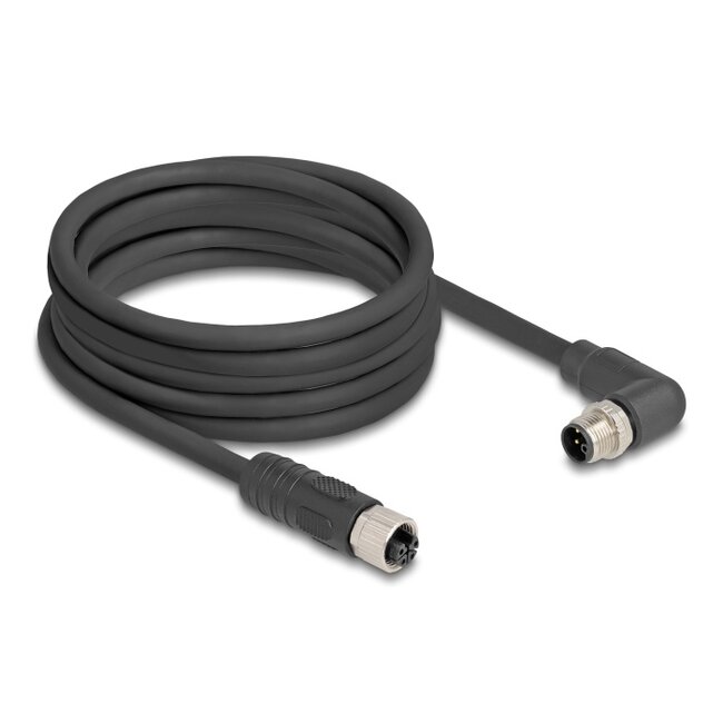 Delock M12 Cable L-coded 4 pin male right angled to female straight PUR suitable for drag chains 5 m black