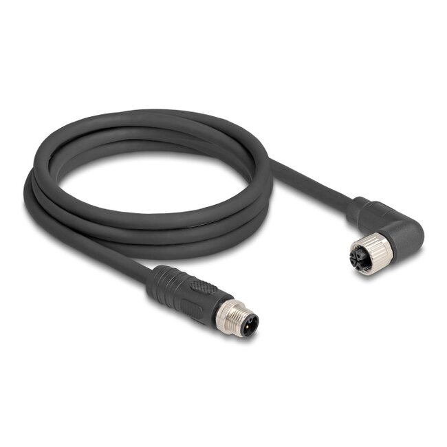 Delock M12 Cable L-coded 4 pin male straight to female right angled PUR suitable for drag chains 2 m black