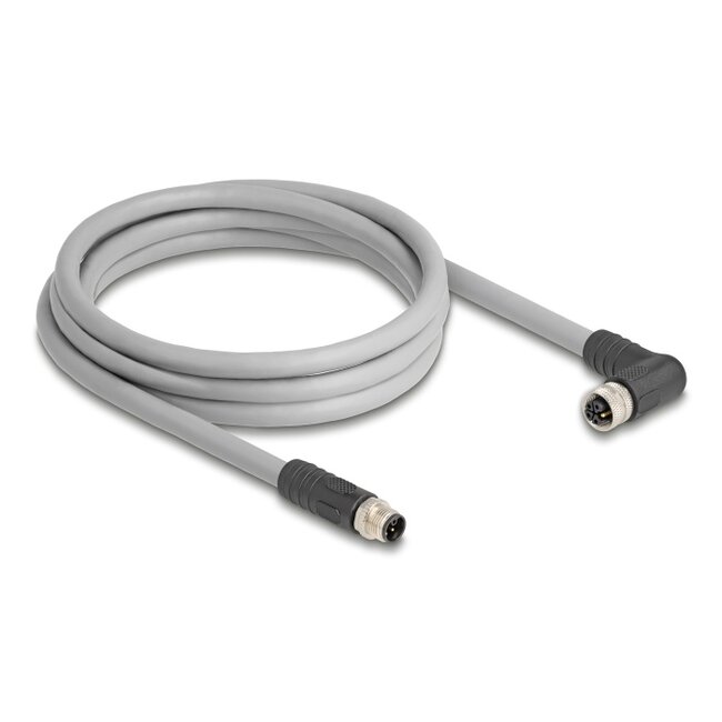 Delock M12 Cable L-coded 5 pin male straight to female right angled PUR suitable for drag chains 2 m grey