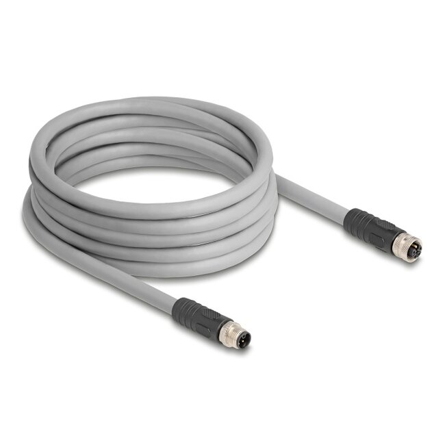 Delock M12 Cable L-coded 5 pin male to female PUR suitable for drag chains 5 m grey