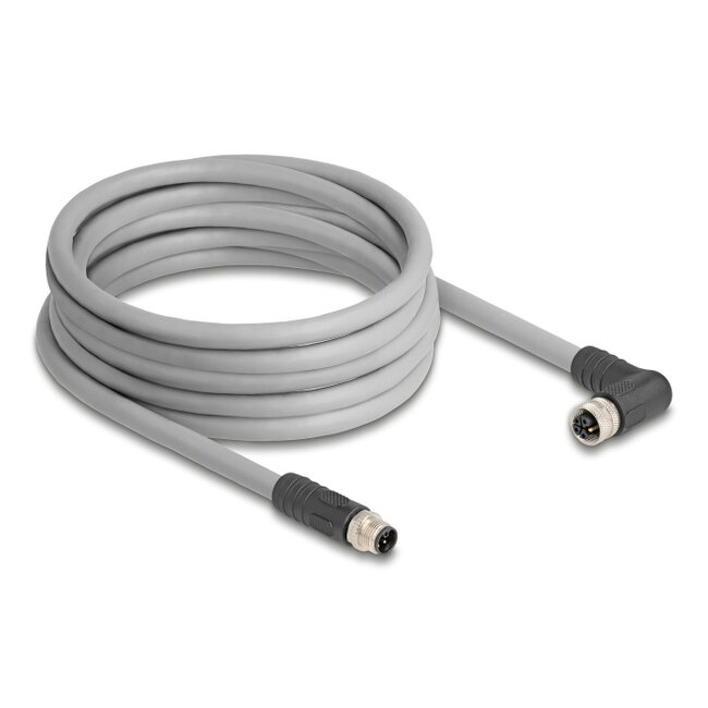 Delock M12 Cable L-coded 5 pin male straight to female right angled PUR suitable for drag chains 5 m grey