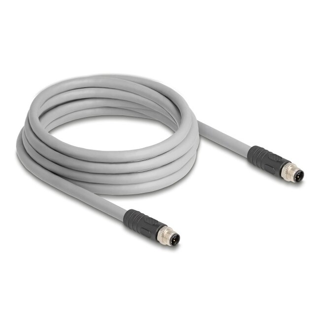Delock M12 Cable L-coded 5 pin male to male PUR suitable for drag chains 3 m grey