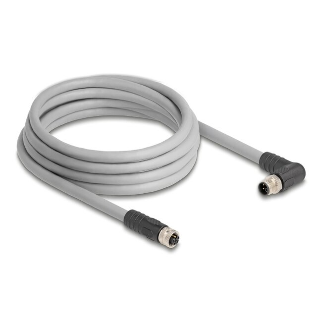 Delock M12 Cable L-coded 5 pin male right angled to female straight PUR suitable for drag chains 3 m grey