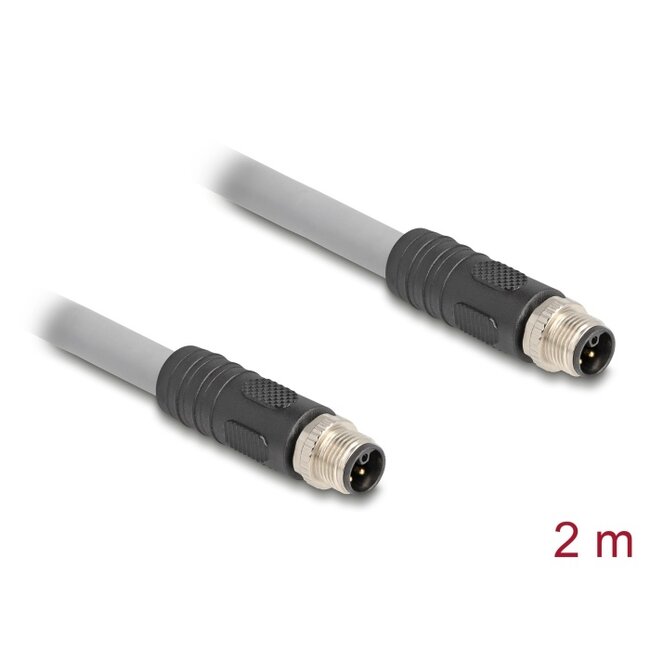 Delock M12 Cable L-coded 5 pin male to male PUR suitable for drag chains 2 m grey