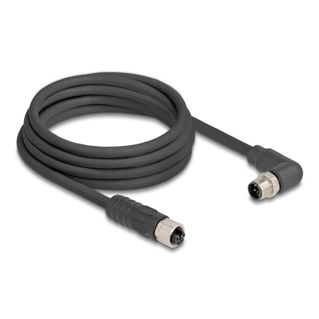 Delock M12 Cable L-coded 4 pin male right angled to female straight PUR suitable for drag chains 3 m black