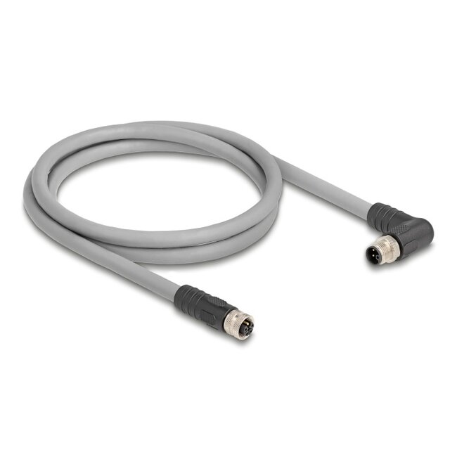 Delock M12 Cable L-coded 5 pin male right angled to female straight PUR suitable for drag chains 1 m grey