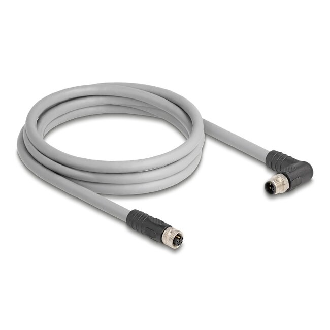 Delock M12 Cable L-coded 5 pin male right angled to female straight PUR suitable for drag chains 2 m grey