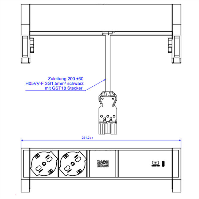 BACHMANN DESK2 ALU ZWART 2xP40, 1xUSBC 60W 0,2m GST18 Italië