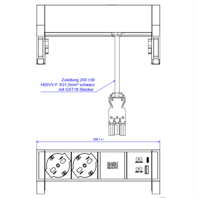 BACHMANN DESK2 2xP40 1xUSB A/C 22W, 0,2m GST18 INOX Italië