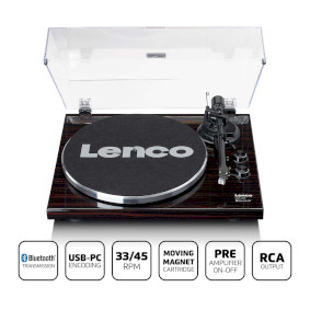 Lenco LBT-188. Soort: Draaitafel met riemaandrijving, Kleur van het product: Bruin, Materiaal behuizing: Aluminium, Metaal, Hout. Vorm: Rechte toonarm. USB-connectortype: USB Type-