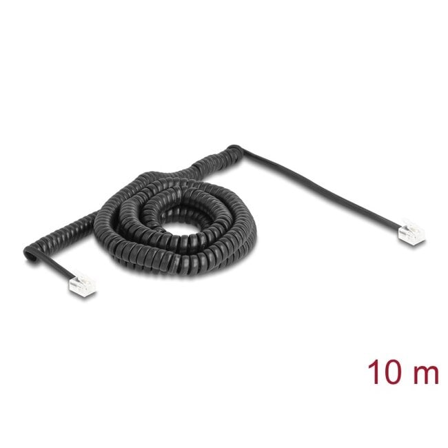 Delock Telephone Cable / Coiled Cable RJ11 plug to RJ11 plug black 10 m
