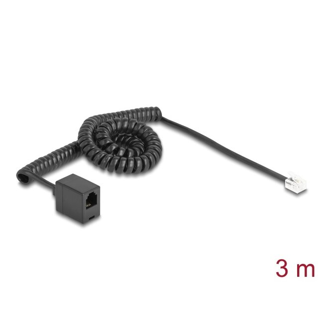 Delock Telephone Cable / Coiled Cable RJ11 plug to RJ11 jack black 3 m