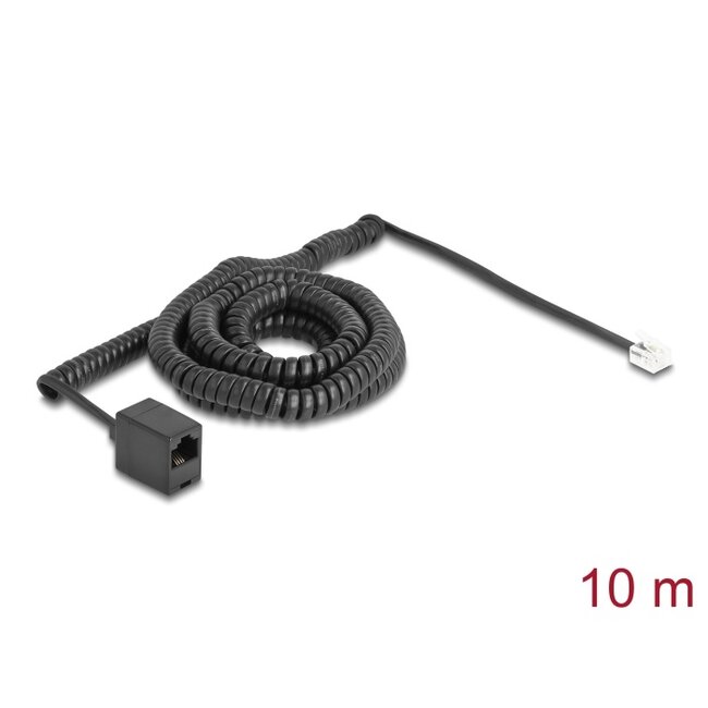 Delock Telephone Cable / Coiled Cable RJ11 plug to RJ45 jack black 10 m