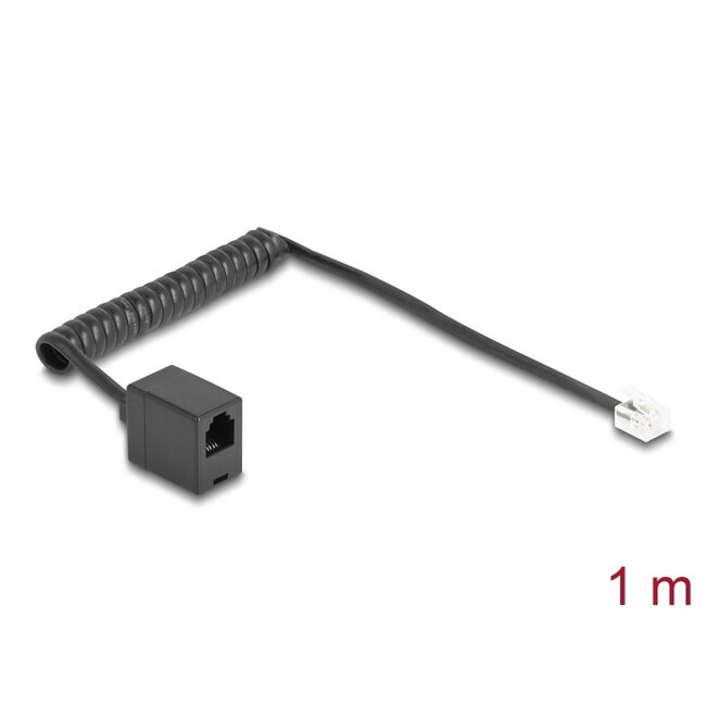 Delock Telephone Cable / Coiled Cable RJ11 plug to RJ11 jack black 1 m